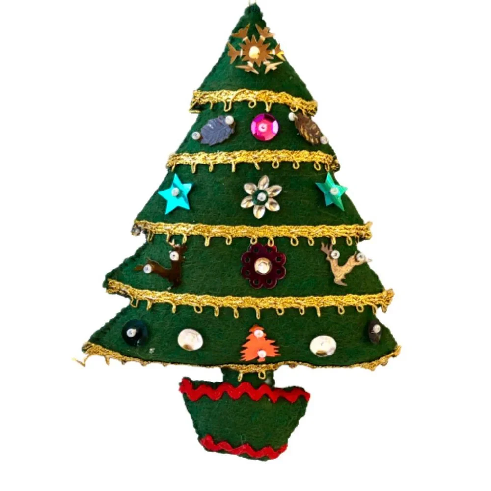 Vintage Christmas Ornaments Fabric & Tinsel Trees and Gingerbread Lot of 3